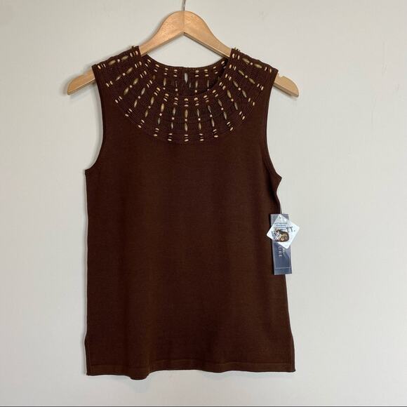 Jones New York brown beaded embellished sleeveless rib knit top boho small NEW - Picture 2 of 10